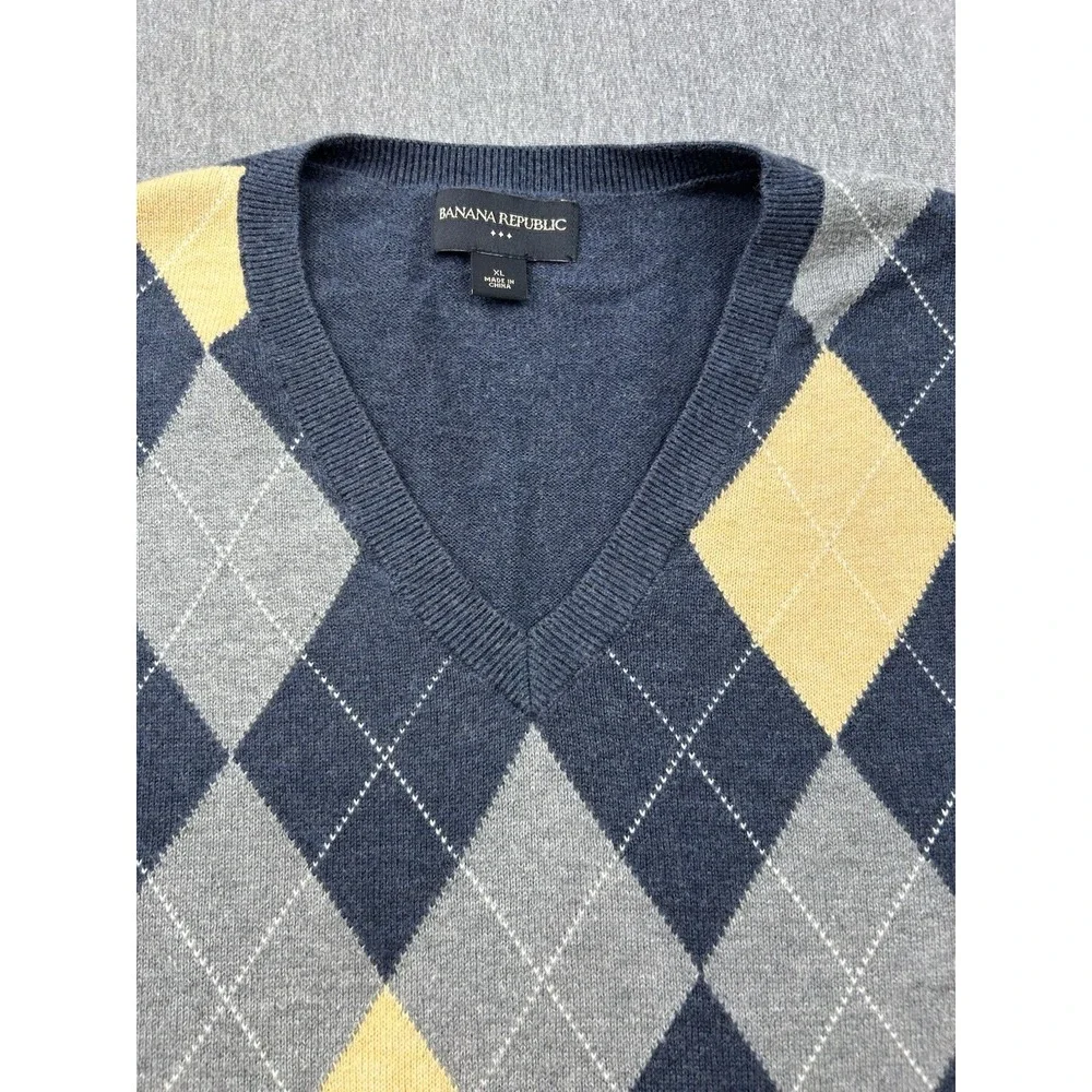 Banana Republic Cotton Argyle Sweater‎ Mens XL Pullover Blue Yellow Gray Vneck